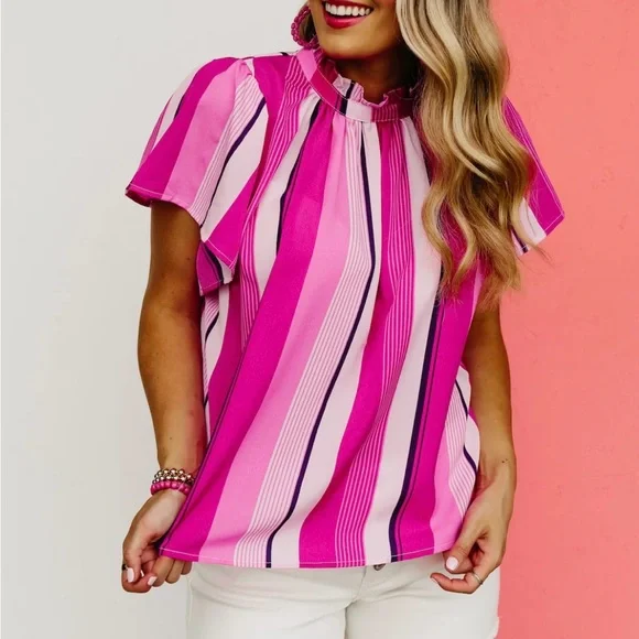 THML Blouse Women’s Sz M Davis Striped Pink/Purple Feminine Chic Summer NWT - Picture 7 of 10